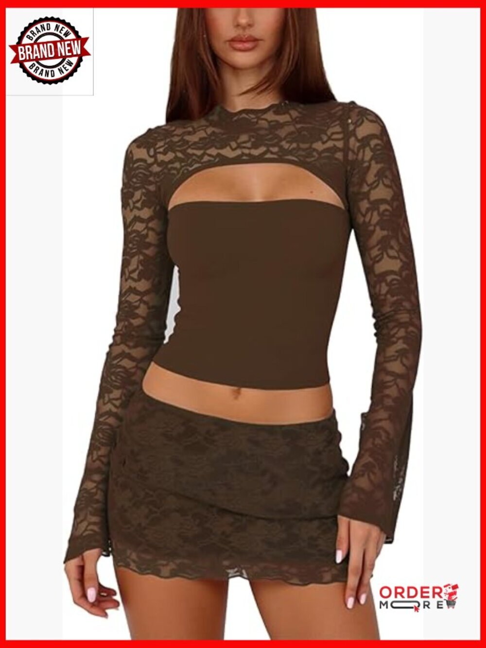 Sexy 2 Piece Mini Skirt Set Long Sleeve Lace Cutout Top Bodycon Skirt Y2K Going